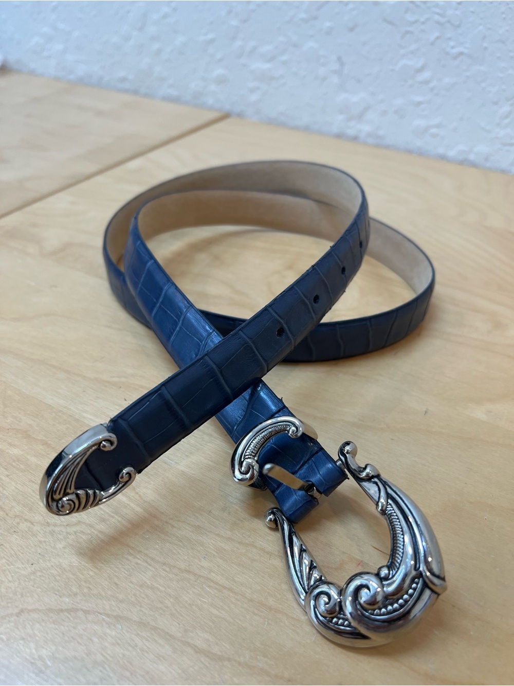 Grey Croc-Texture Leather Belt with Ornate Silver Buckle